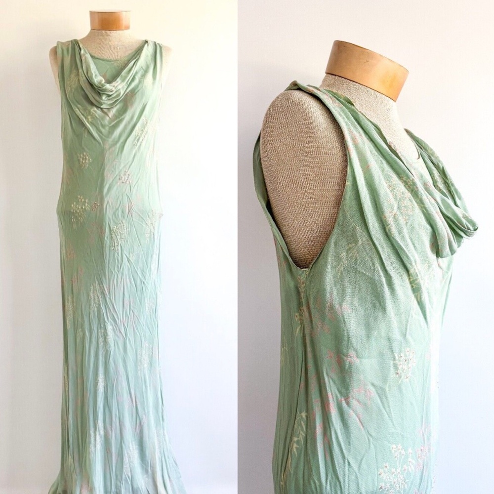 Vintage NWT 1990s April Cornell Blue Floral Beaded Cowl Neck Dress Sz Medium Y2K